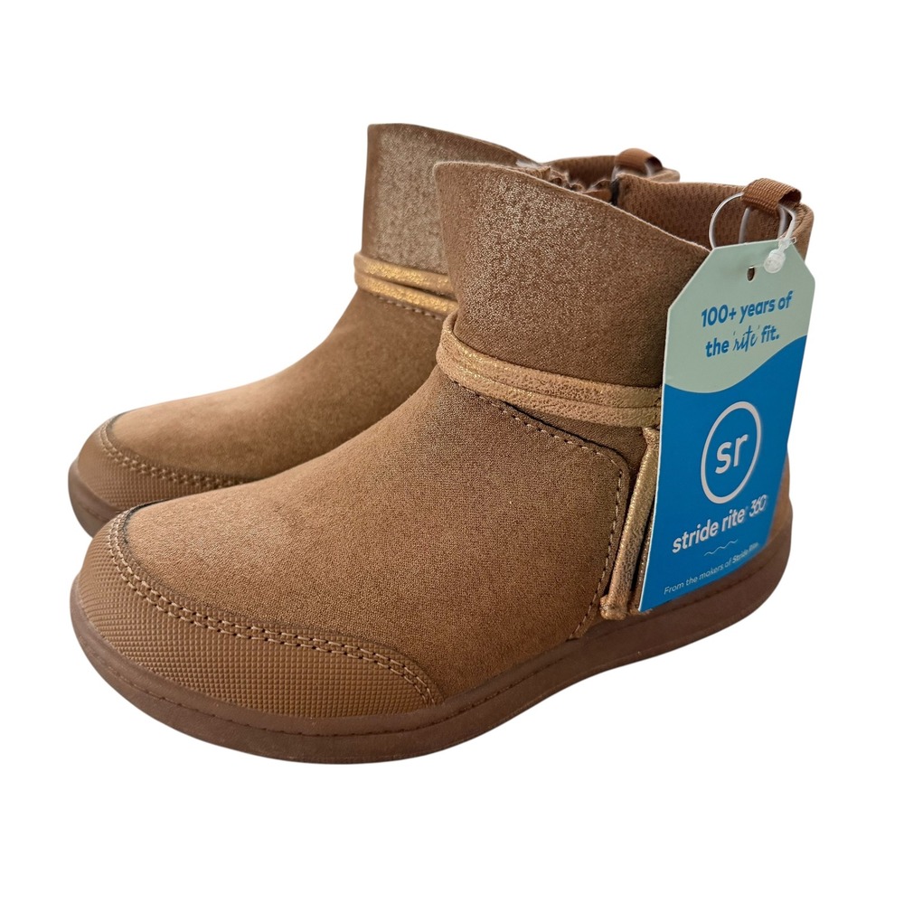 NWT Stride Rite 360 Elina Girls Tan Shimmer Machine Washable Boots 10M KG032201